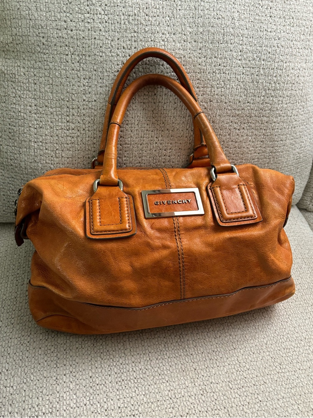 Givenchy Vintage Cognac Leather Satchel East-West Boston w/Logo Plaque. COA